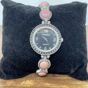 Strada Women's Silver Tone Pink Gems Accent Watch-Quartz Movement-7 1/2" Length